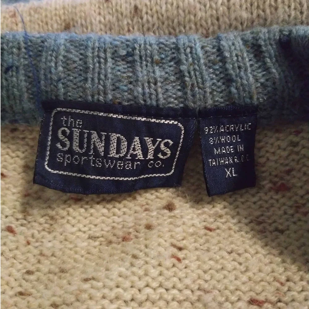 Vintage The Sundays Sportswear Co. Cream Tan Blue V-Neck Grandpa Sweater Sz XL